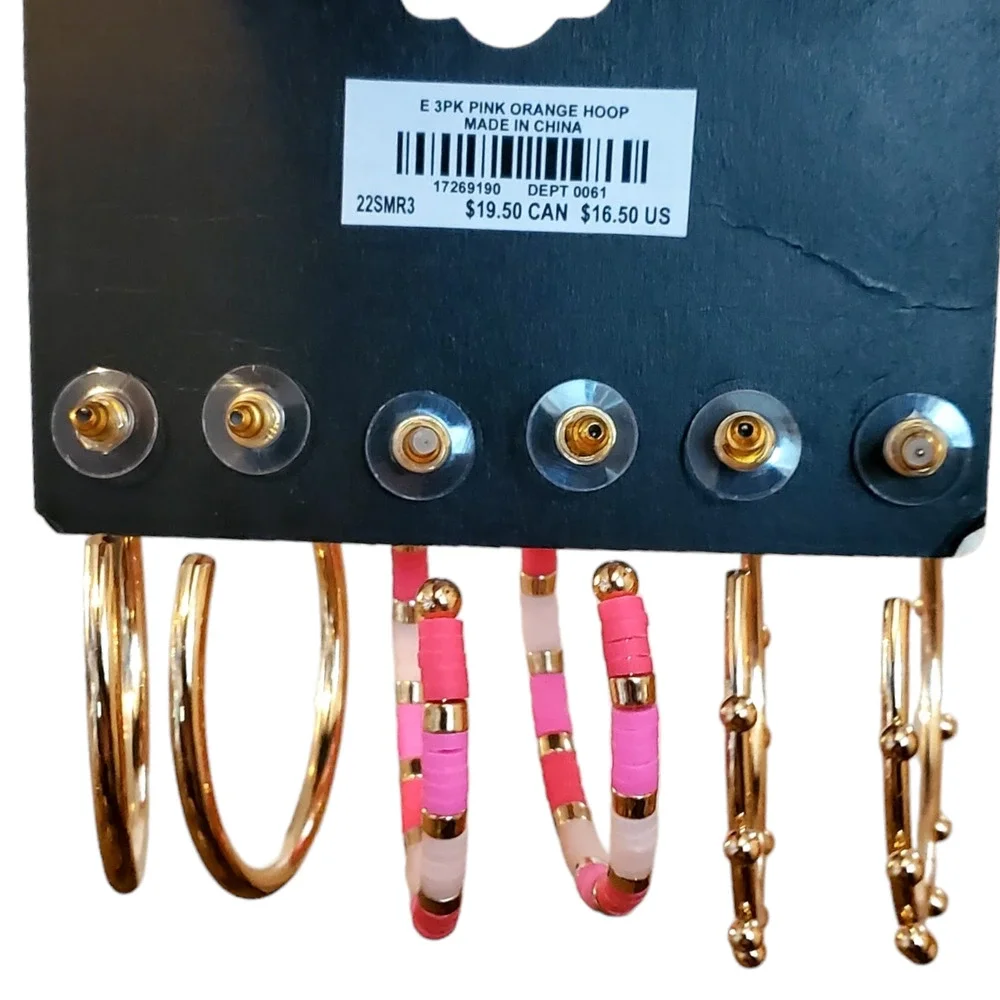 TORRID BEADED HOOP SET OF 3 - GOLD & PINK - Picture 2 of 7